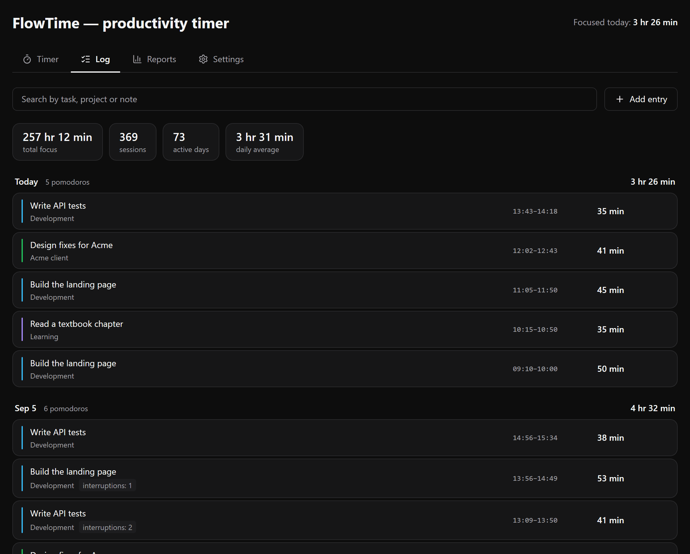 Time log: entries grouped by day with duration and project